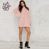 Haoduoyi2016春夏新款 欧美风性感透视层叠 单排扣雪纺高领连衣裙