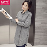 Yi－xn2016春装新款女装韩范修身中长款衬衫女长袖格子棉衬衣上衣