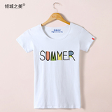 倾城之美夏季T恤女韩版修身显瘦白色纯棉简约字母印花圆领短袖女