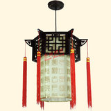 中式古典木艺雕刻仿羊皮六角吊灯LED灯 仿古客厅书房阳台餐厅吊灯