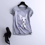 可爱小狗图案 真丝拼木代尔婴儿肤感灰色短袖T恤 2016夏女装D7812