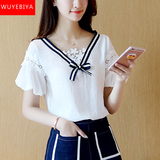 青少年2016夏装少女韩版蕾丝拼接V领短袖T恤衬衫初中学生甜美上衣