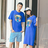 情侣装夏装2016韩国男女学生bf学院风蓝色卡通狗头短袖T恤连衣裙
