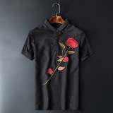 2016新款夏季男装短袖T恤 中国风个性玫瑰花刺绣亚麻半袖打底衫