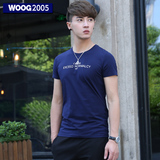 WOOG2005男士印花T恤 2016夏季 圆领深蓝色休闲小清新简约半袖男