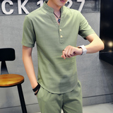 香港代购夏日男士亚麻料衣服套装潮流韩版纯色薄款修身青年两件套