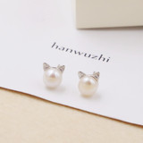 天然淡水珍珠 S925纯银可爱甜美小猫喵星人耳钉女 韩国时尚耳饰品
