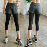 新款夏季假两件瑜伽裤女健身房跑步运动服速干修身显瘦紧身七分裤
