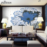 蕊西 抽象中式墙纸 蓝色荷叶壁纸 大堂会客厅手绘背景墙大型壁画