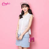 Candie's2016夏新款 韩版百搭纯色无袖荷叶袖衬衫女30062103
