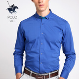 保罗POLO弹力棉男士长袖衬衫 小领商务休闲深蓝色宝蓝色修身衬衣