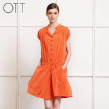 OTT女装  夏装新品 立领抽褶桑蚕丝中长款短袖连衣裙  TT50W4961