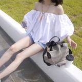 韩国甜美性感一字领露肩喇叭袖白色上衣宽松显瘦百搭娃娃衬衫女夏