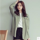 韩国BF街头宽松衬衫男女长袖全棉情侣大码学生衬衣军旅风绿色外套