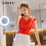 LTVVY2016夏季新款韩版时尚休闲女装衬衫性感V领短袖收腰短款上衣