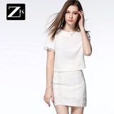 ZK蕾丝花边拼接白色短袖雪纺衫女装宽松显瘦小衫短款2016夏季新款