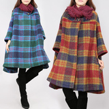 2015冬装新款韩版斗篷毛呢大衣中长款格子羊毛呢子大衣女茧型外套