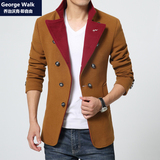 GeorgeWalk秋冬新款双排扣修身型男士短款风衣英伦羊毛呢大衣外套