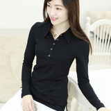 秋装新款纯棉体验韩版衬衣纯色大码衬衫领女装长袖女t恤打底衫