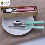 创意小麦不锈钢筷子勺子套装 可爱便携餐具三件套 学生儿童筷子盒