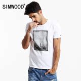 Simwood2016夏装新品弹力修身休闲T恤男士印花圆领白色短袖t恤潮