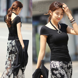 2016春装新款韩版蕾丝拼接修身黑色打底衫体恤性感露背短袖t恤女
