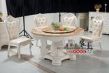 美式实木雕花餐桌欧式大理石圆桌贴金双层带转盘电磁炉餐桌椅组合