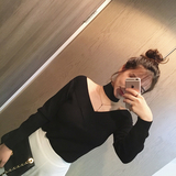 2016春装新款韩国气质小性感V领针织衫露肩连项圈领打底线衫上衣