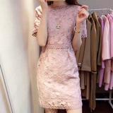 韩国代购2016女装夏新款修身显瘦短袖韩版A字裙粉色蕾丝连衣裙潮