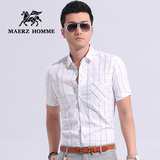 MAERZ夏季薄款短袖衬衣男士休闲格子衬衫 修身型韩版夏天男装寸衫