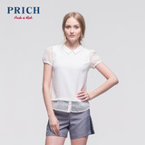 PRICH2015秋季新品蕾丝网纱甜美假两件拼接短袖T恤衫女PRLW53753C