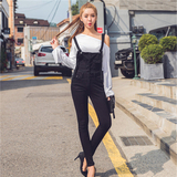 韩国代购正品女装2016秋装新款学院个性显瘦高腰背带牛仔裤潮