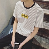 夏季港风新款潮流条纹男士短袖T恤韩版青年字母印花休闲短袖TEE