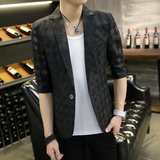 16夏季男韩版休闲中袖小西装薄款修身七分袖短袖镂空西服潮外套潮