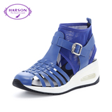 哈森/harson2016夏舒适牛皮革女款坡跟网状圆头凉鞋HM67503