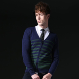 原创设计秋季男士针织 开衫 简约外套薄款条纹大V领兔绒毛衣