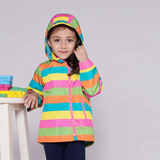 2015冬季新款 外贸童装加绒加厚女童彩虹条纹连帽冲锋衣儿童外套
