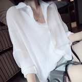 韩国夏装宽松大码女装透明雪纺衬衫女长袖薄款防晒上衣纯色防晒衫