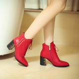 欧洲站秋冬款超高跟粗跟真皮短靴大红色女鞋厚底休闲马丁靴时装靴