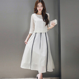 2016夏季新款欧根纱连衣裙套装韩版中长款淑女气质修身两件套长裙
