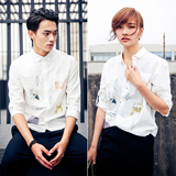 新品韩版夏季印花男士七分袖衬衣 中袖情侣欧美半袖款短袖白衬衫
