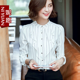 2016秋新款女装韩版长袖衬衫女荷叶领条纹衬衫女雪纺衫上衣打底衫