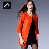 ZK女装2016冬装新款圆领七分袖麂皮绒单排扣短外套中长款修身上衣