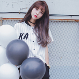 夏季新款韩版时尚休闲运动学院风字母条纹棒球服短袖衬衫女装衬衣