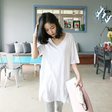 韩国代购2016春季新款纯色大码V领侧拉链中长款竹节棉短袖T恤女潮