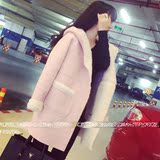 2015冬装新款韩版女装名媛气质粉色厚实麂皮呢大衣外套开衫潮