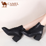 Camel骆驼女鞋 冬季新款休闲短靴尖头系带小牛皮粗跟女靴