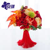 中国风古典红色系新娘手捧花球AB彩钻链传统中式结婚礼用品结婚庆