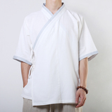 汉服交领半臂  男士汉民族传统服饰棉麻夏季短袖衬衣素色休闲衬衫