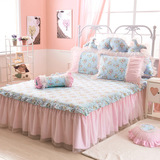 韩式全棉床罩床裙纯棉床头罩床套碎花蓝色蕾丝床罩花边玉色带花边